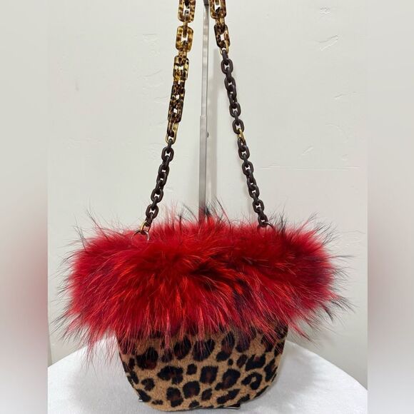 Leopard Handmade Real Fox Fur & Shearling leather Top Handles Bag/Multi Use Bag - Picture 5 of 16